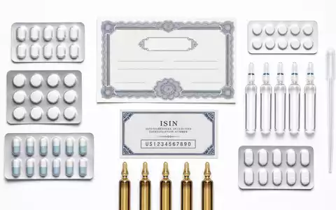 AbbVie Inc. US00287Y1091 Flatlay generische Blisterpackungen Ampullen Pipette Aktien Zertifikat und ISIN Karte - Foto: THN