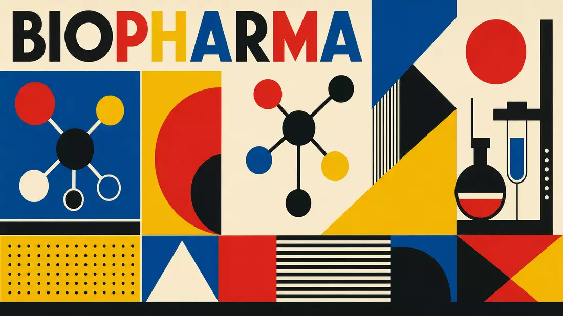 Bauhaus-Designposter mit BIOPHARMA-Schriftzug und geometrischen Molekülformen in Primärfarben