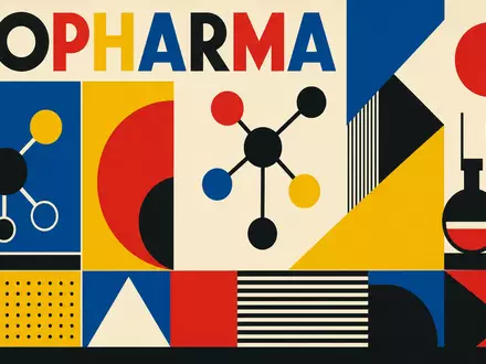 AbbVie Inc. US00287Y1091 Bauhaus Poster BIOPHARMA Geometrie Primärfarben Kreise Dreiecke molekulare Pharma Strukturen - Foto: THN