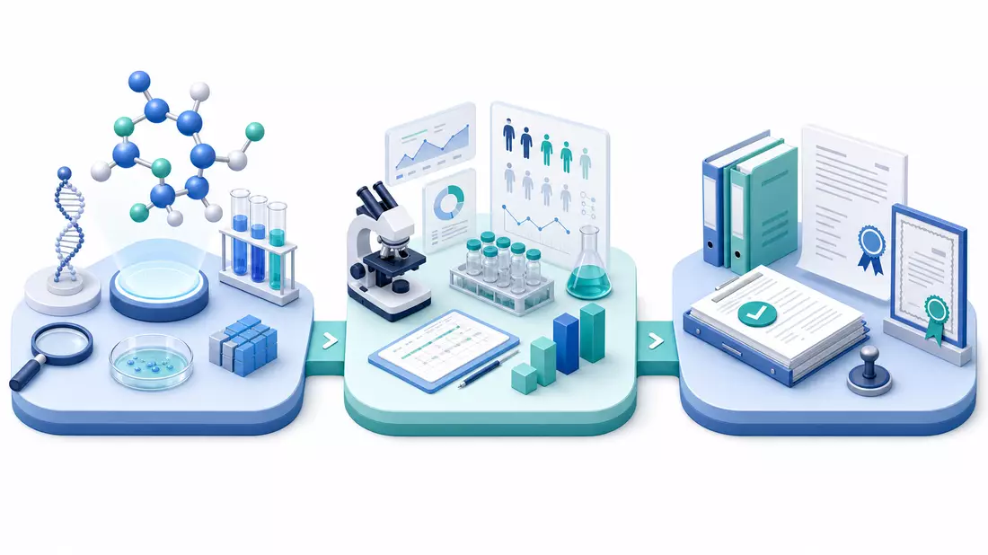 Isometrische 3D-Illustration des Drug-Discovery-Prozesses von Molekülforschung bis Marktzulassung