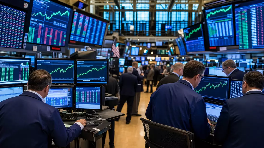 Redaktionsfoto des NYSE-Handelssaals mit Händlern und grünen Pharma-Aktiencharts auf Monitoren