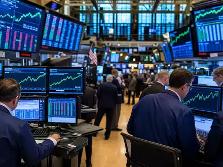 AbbVie Inc. US00287Y1091 NYSE Handelssaal Editorial Fotografie Händler Pharma Aktiencharts grüne Kurven auf Monitoren - Foto: THN