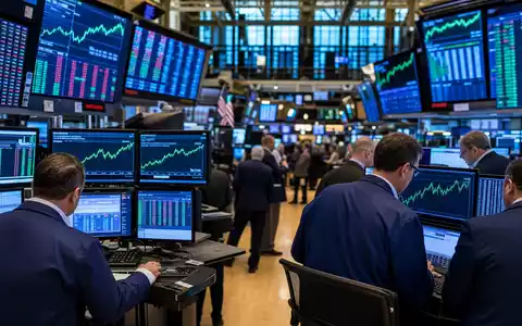 AbbVie Inc. US00287Y1091 NYSE Handelssaal Editorial Fotografie Händler Pharma Aktiencharts grüne Kurven auf Monitoren - Foto: THN