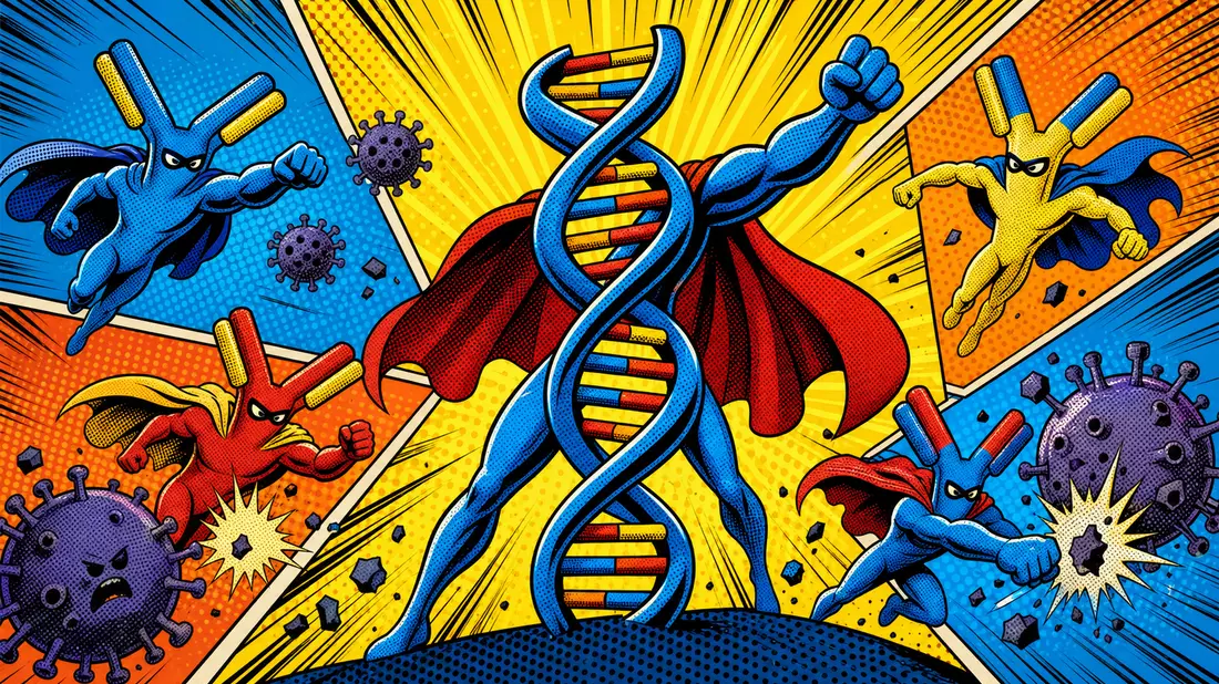 Pop-Art-Comicillustration mit stilisierter DNA-Doppelhelix und Antikörper-Superhelden im Lichtenstein-Stil