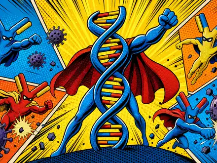 AbbVie Inc. US00287Y1091 Pop Art Comic stilisierte DNA Doppelhelix Antikörper Superhelden Halbtondruck Lichtenstein Stil - Foto: THN