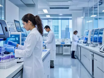 Abbott Laboratories US0028241000 zeigt modernes Diagnostik-Labor mit Wissenschaftlern in weißen Laborkitteln an Analysesystemen - Foto: THN