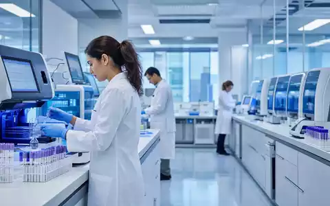 Abbott Laboratories US0028241000 zeigt modernes Diagnostik-Labor mit Wissenschaftlern in weißen Laborkitteln an Analysesystemen - Foto: THN