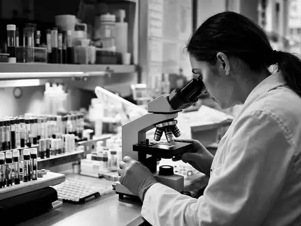 Abbott Laboratories US0028241000 schwarzweiße Reportage klinisches Blutbild-Labor Laborantin am Mikroskop dramatische Hochkontrast-Fotografie - Foto: THN