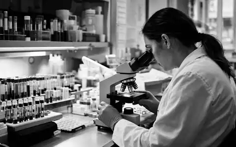 Abbott Laboratories US0028241000 schwarzweiße Reportage klinisches Blutbild-Labor Laborantin am Mikroskop dramatische Hochkontrast-Fotografie - Foto: THN