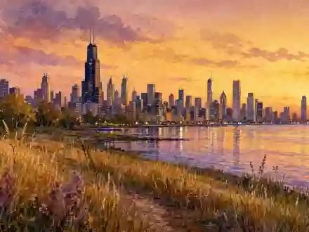 Abbott Laboratories US0028241000 Aquarell-Gemälde Chicago-Skyline mit Illinois-Prärie Lake Michigan goldenes Abendlicht Abenddämmerung-Panorama - Foto: THN