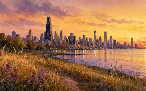 Abbott Laboratories US0028241000 Aquarell-Gemälde Chicago-Skyline mit Illinois-Prärie Lake Michigan goldenes Abendlicht Abenddämmerung-Panorama - Foto: THN