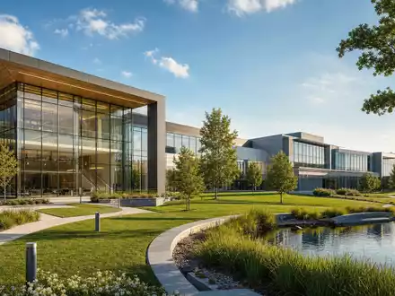 Abbott Laboratories US0028241000 Architektur-Render moderner Pharma-Campus mit Glas-Stahl-Gebäuden Grünanlagen und Teich Illinois - Foto: THN