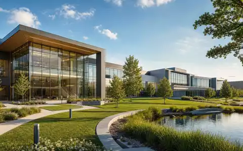 Abbott Laboratories US0028241000 Architektur-Render moderner Pharma-Campus mit Glas-Stahl-Gebäuden Grünanlagen und Teich Illinois - Foto: THN