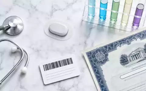 Abbott Laboratories US0028241000 Flatlay generischer Glukose-Sensor Stethoskop Reagenzgläser Aktien-Zertifikat ISIN-Karte Marmor Tisch - Foto: THN