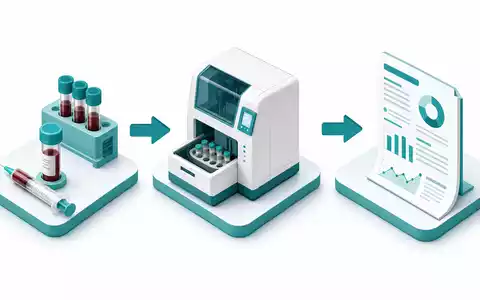 Abbott Laboratories US0028241000 isometrische 3D-Darstellung Diagnostik-Wertschöpfungskette Sample Analyse Report drei Stufen Teal - Foto: THN