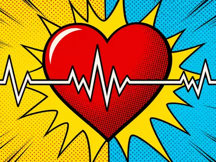 Abbott Laboratories US0028241000 Pop-Art-Comic stilisiertes Herz mit EKG-Puls-Linie Halbton-Rastermuster Kardiologie Primärfarben Lichtenstein-Stil - Foto: THN