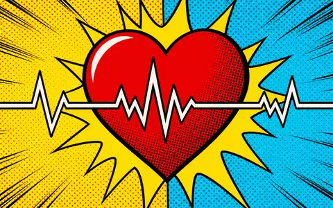 Abbott Laboratories US0028241000 Pop-Art-Comic stilisiertes Herz mit EKG-Puls-Linie Halbton-Rastermuster Kardiologie Primärfarben Lichtenstein-Stil - Foto: THN