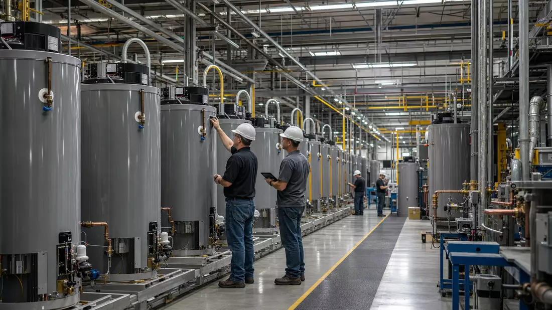 Moderne Fabrikhalle mit Warmwasserspeichern auf Produktionsband