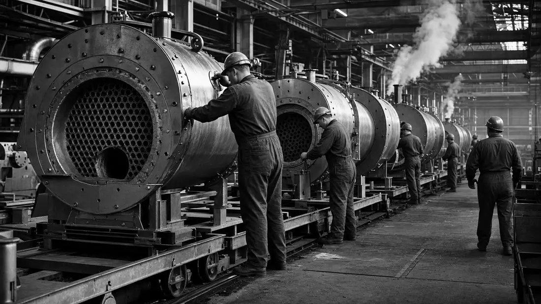 Schwarz-Weiß-Reportage einer industriellen Boiler-Montagelinie