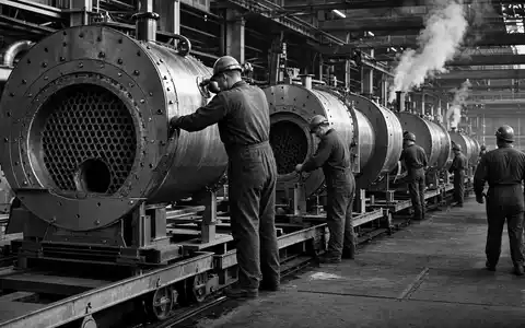 A.O. Smith Corp. Boiler Produktion als dramatische Schwarz Weiss Reportage einer Montagelinie ISIN US0003711006 - Foto: THN