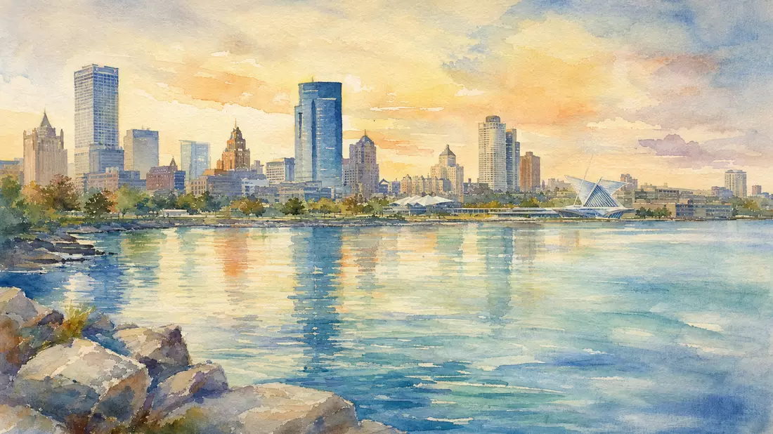 Aquarellgemälde der Milwaukee-Skyline am Ufer des Lake Michigan