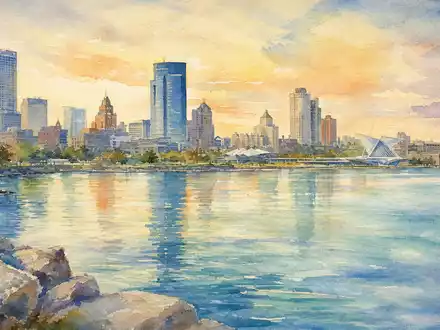 A.O. Smith Corp. Heimatstadt Milwaukee am Lake Michigan als farbige Aquarellmalerei ISIN US0003711006 - Foto: THN
