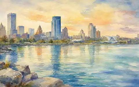 A.O. Smith Corp. Heimatstadt Milwaukee am Lake Michigan als farbige Aquarellmalerei ISIN US0003711006 - Foto: THN