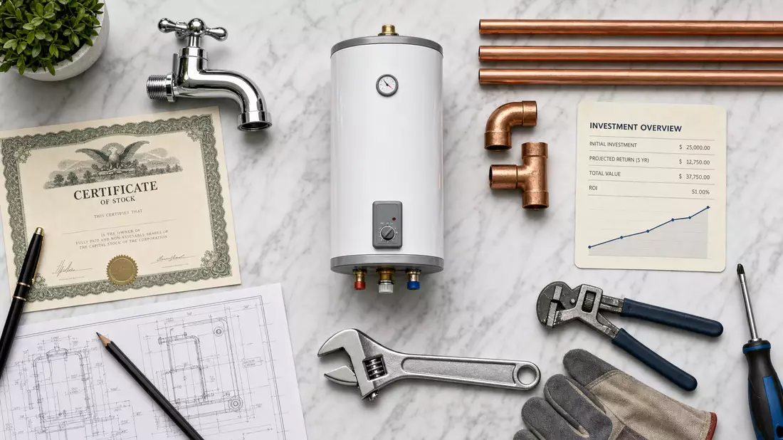 Draufsicht auf Warmwasserboiler, Kupferrohre, Wasserhahn und Aktienzertifikat