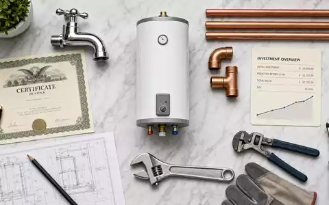 A.O. Smith Corp. Flatlay mit Boiler Miniatur Kupferrohren Wasserhahn und Boersen Zertifikat ISIN US0003711006 - Foto: THN