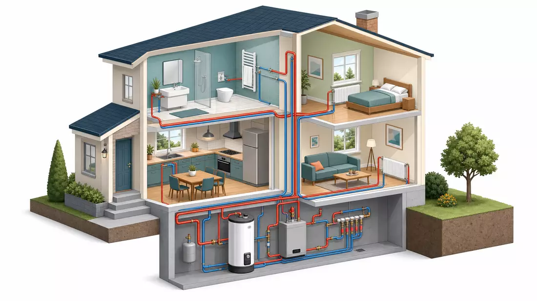 Isometrischer Hausquerschnitt mit Boiler, Rohrsystem und Warmwasserverteilung