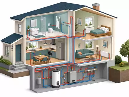 A.O. Smith Corp. Warmwassersystem als isometrische 3D Darstellung eines Hausquerschnitts mit Boiler ISIN US0003711006 - Foto: THN