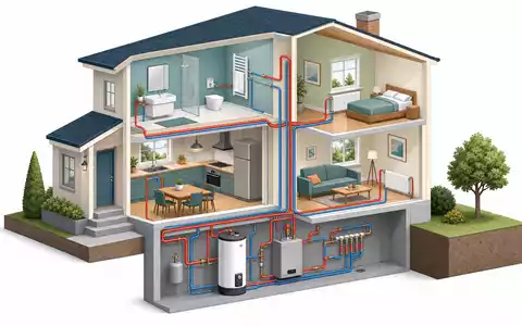 A.O. Smith Corp. Warmwassersystem als isometrische 3D Darstellung eines Hausquerschnitts mit Boiler ISIN US0003711006 - Foto: THN