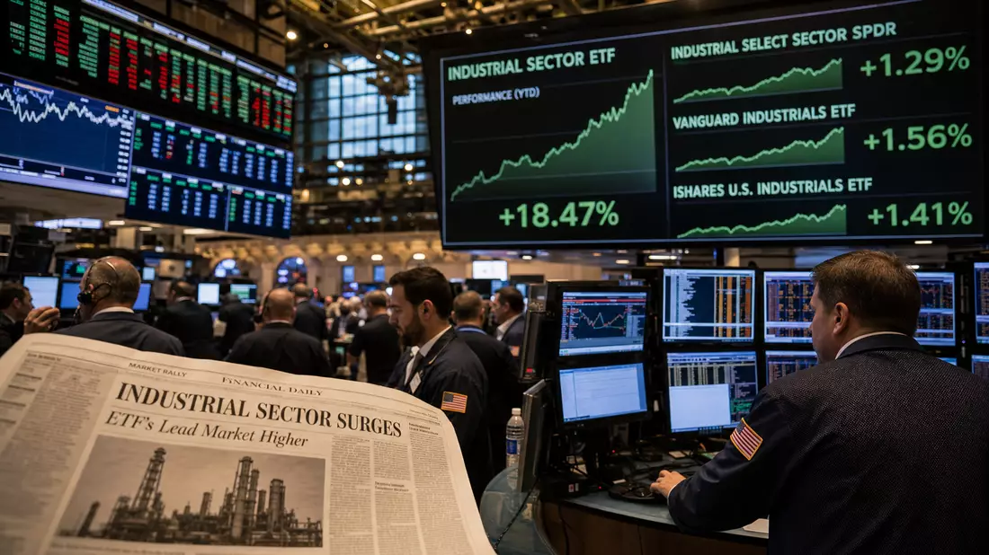 NYSE-Börsenparkett mit Händlern und Industrial-Sektor-Kursdiagrammen auf Bildschirmen