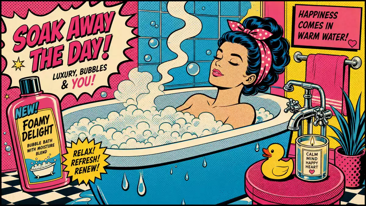 Retro-Pop-Art-Comicbild einer entspannten Badeszene mit warmem Wasser und Dampf