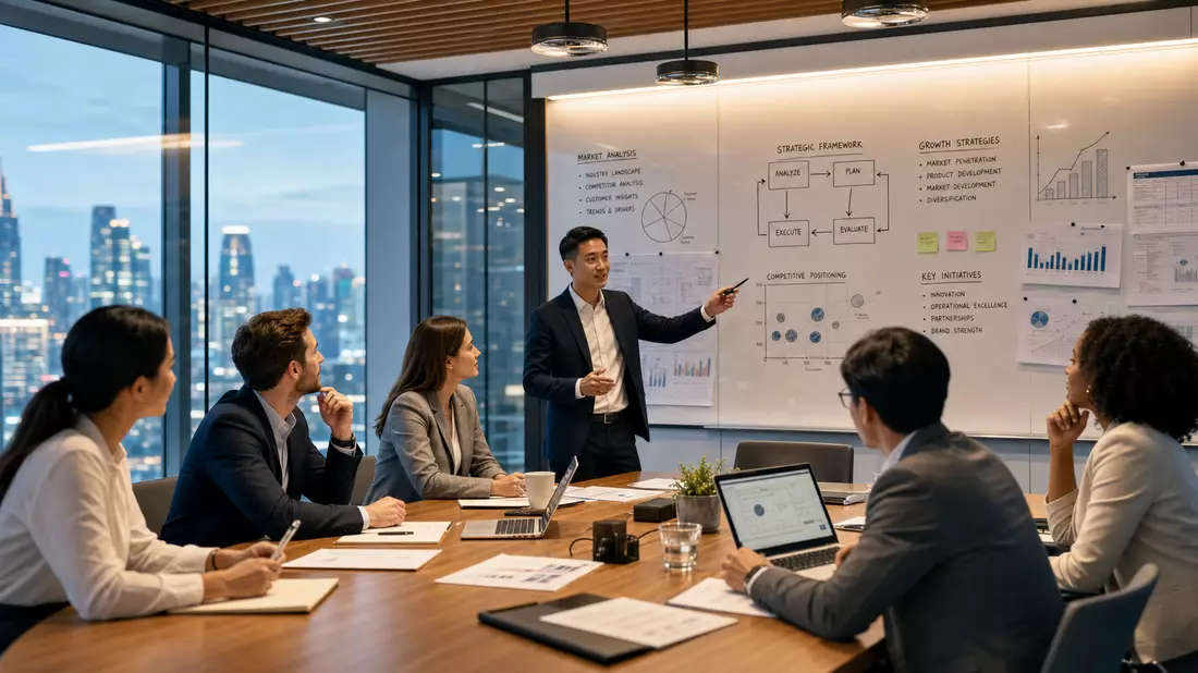 Moderner Beratungs-Meeting-Raum mit Diagrammen an Glaswänden für Accenture plc