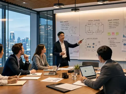 Accenture plc IE00B4BNMY34 zeigt einen modernen Beratungsraum mit Strategie Diagrammen an Glaswänden - Foto: THN