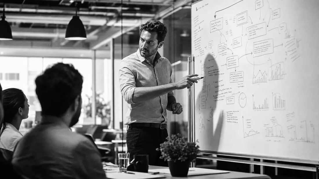 Schwarz-Weiß-Reportage eines Beraters am Whiteboard mit Strategierahmen
