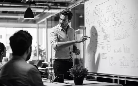 Accenture plc IE00B4BNMY34 schwarz weißes Reportage Foto eines Beraters am Whiteboard mit Strategie - Foto: THN