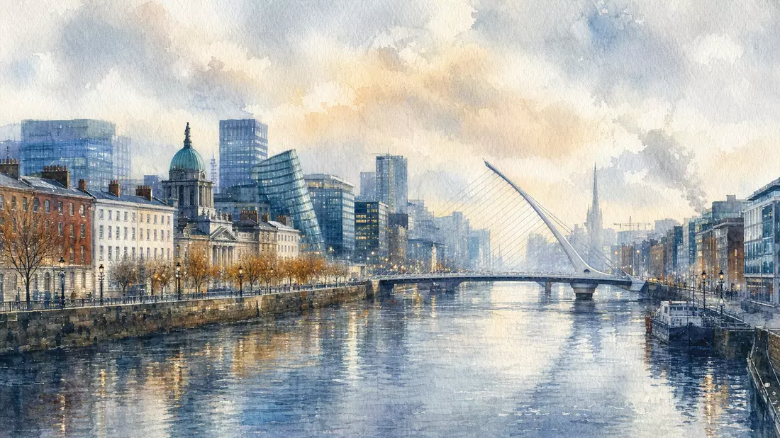 Aquarell der Dublin Docklands mit River Liffey und moderner Skyline