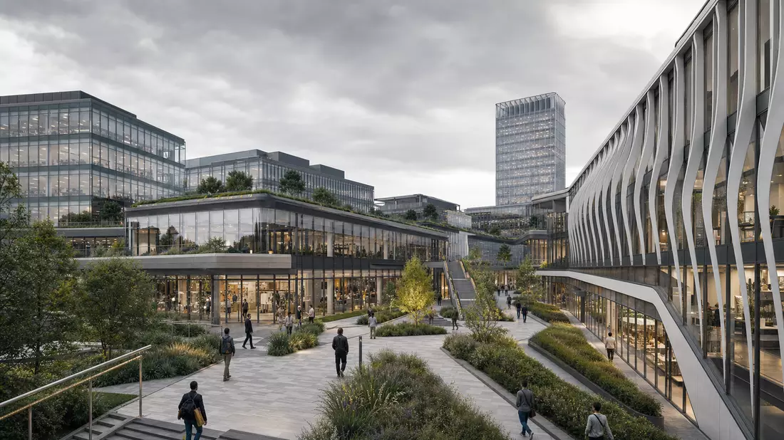 Fotorealistisches Rendering eines modernen Glas-Stahl-Bürocampus in Dublin