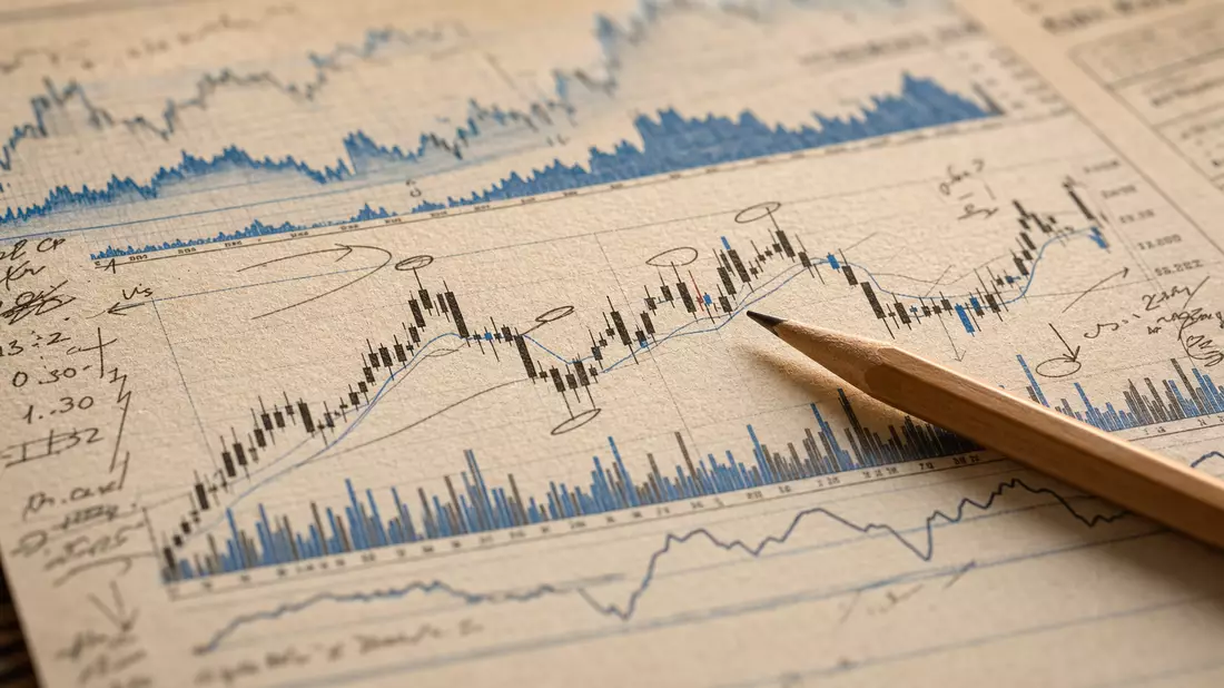 Extremes Makro von Finanzpapier-Charts mit Kerzencharts und handschriftlichen Notizen