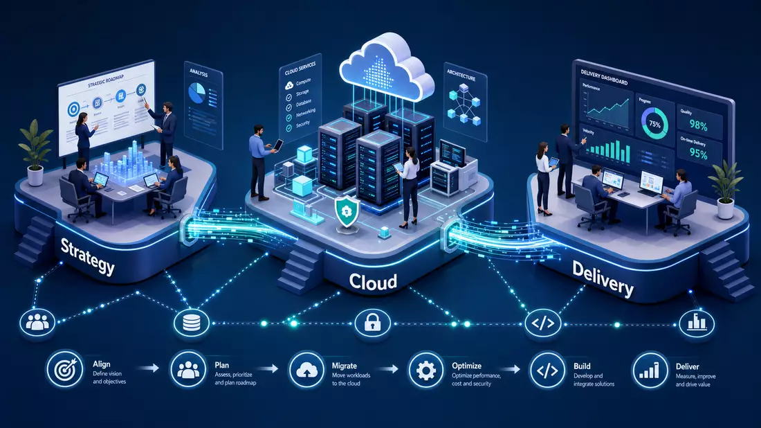 Isometrische 3D-Illustration des digitalen Transformationsprozesses Strategy Cloud Delivery