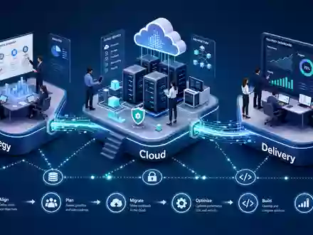 Accenture plc IE00B4BNMY34 isometrische 3D Darstellung des digitalen Transformationsprozesses Strategy Cloud Delivery - Foto: THN
