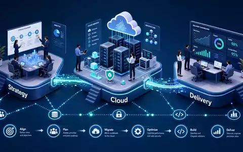 Accenture plc IE00B4BNMY34 isometrische 3D Darstellung des digitalen Transformationsprozesses Strategy Cloud Delivery - Foto: THN