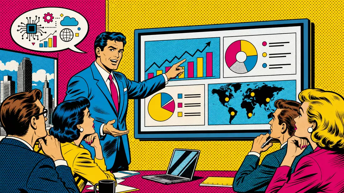 Retro-Pop-Art-Comic mit Unternehmensberater bei Präsentation vor Team
