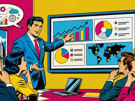 Accenture plc IE00B4BNMY34 Pop Art Comic mit stilisierten Beratern in einer Präsentationsszene - Foto: THN