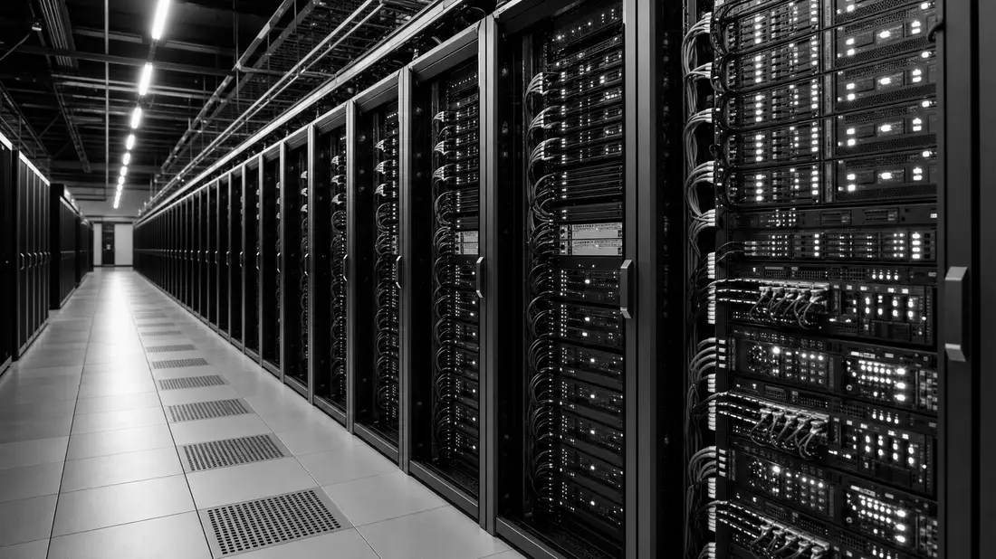 Dramatisches S/W-Foto endloser Serverreihen in einem Rechenzentrum-Gang