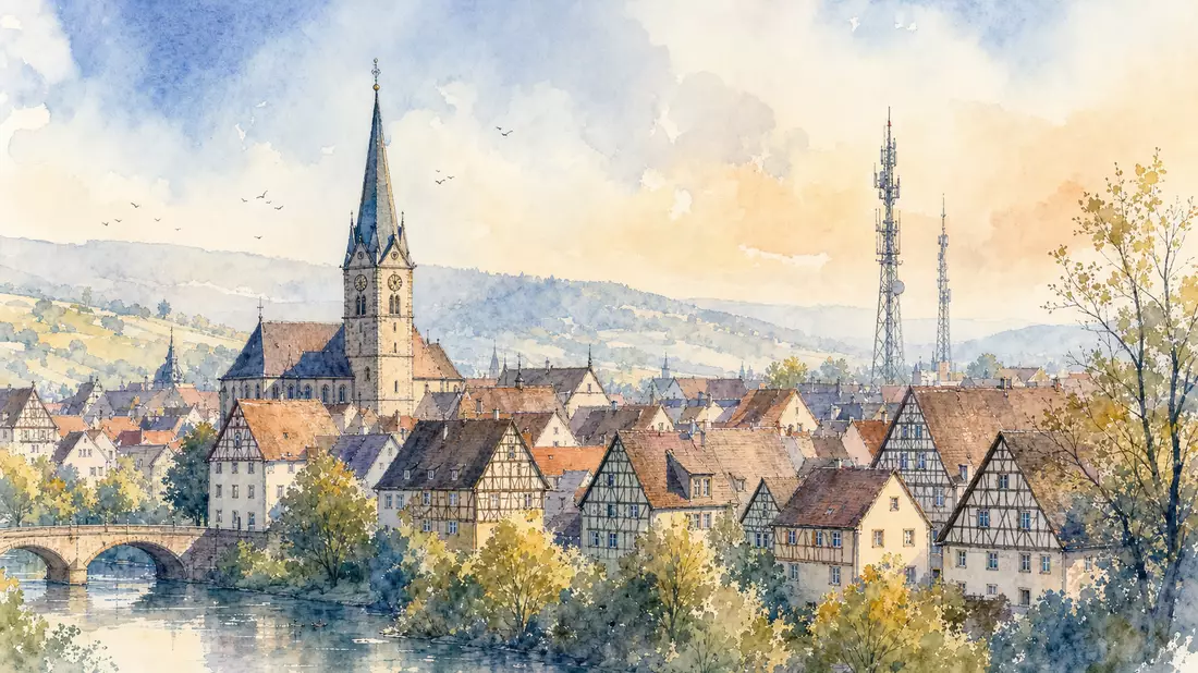 Aquarell-Panorama einer deutschen Kleinstadt mit Fachwerkhaus und Sendemast