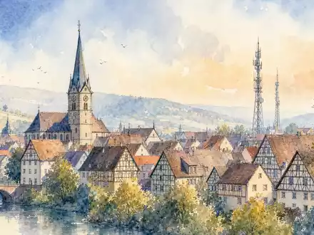 Aquarellgemälde einer deutschen Kleinstadt mit Sendemasten verdeutlicht Mobilfunknetz der 1&1 AG ISIN DE0005545503 - Foto: THN