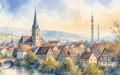 Aquarellgemälde einer deutschen Kleinstadt mit Sendemasten verdeutlicht Mobilfunknetz der 1&1 AG ISIN DE0005545503 - Foto: THN